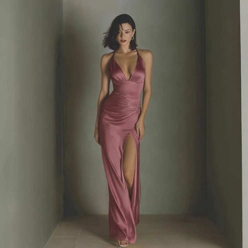 Plunge Halter Satin Slit Gown
