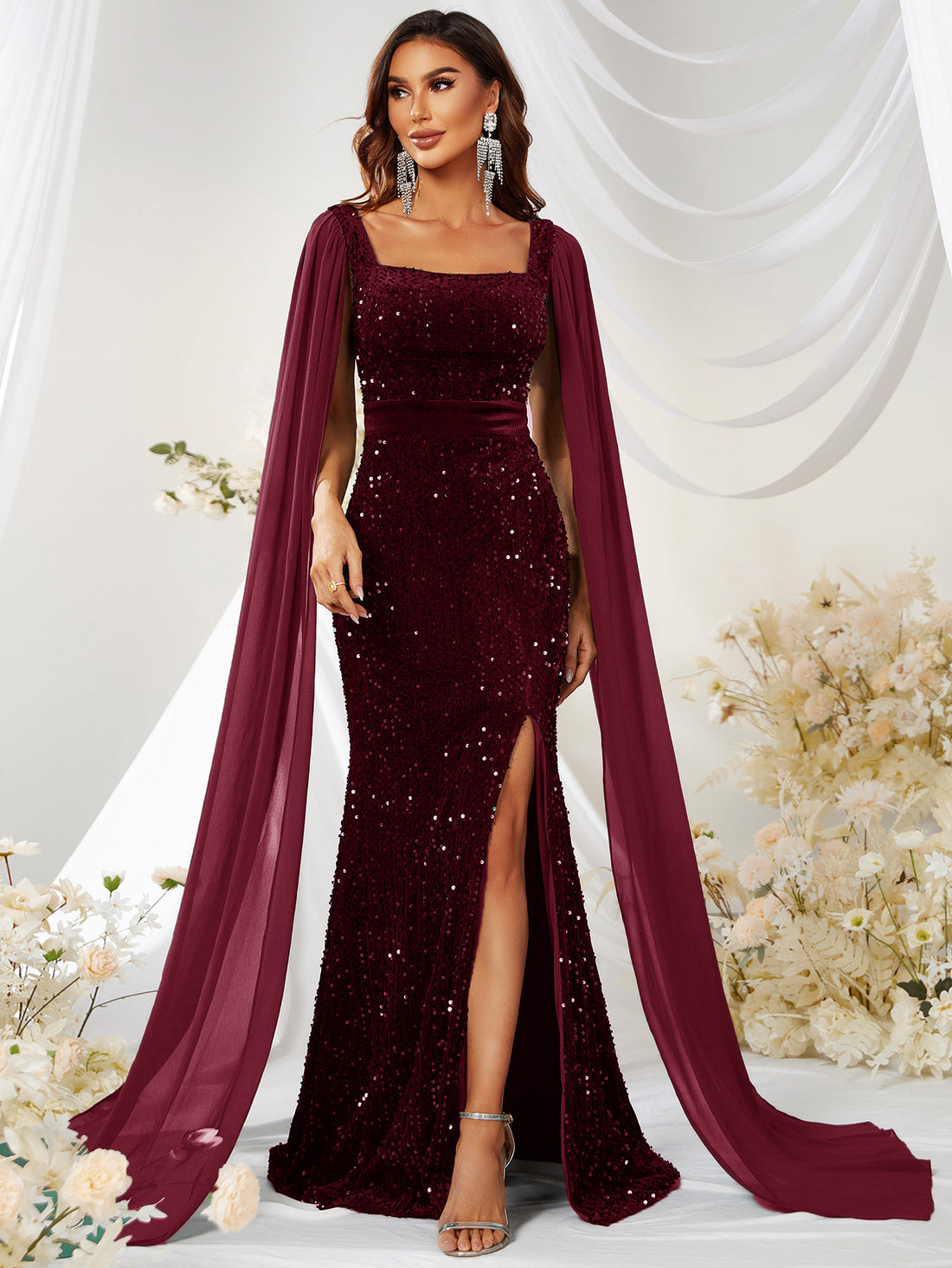 Velvet Sequin Cape-Sleeve Gown