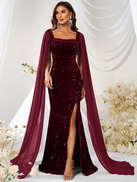 Velvet Sequin Cape-Sleeve Gown