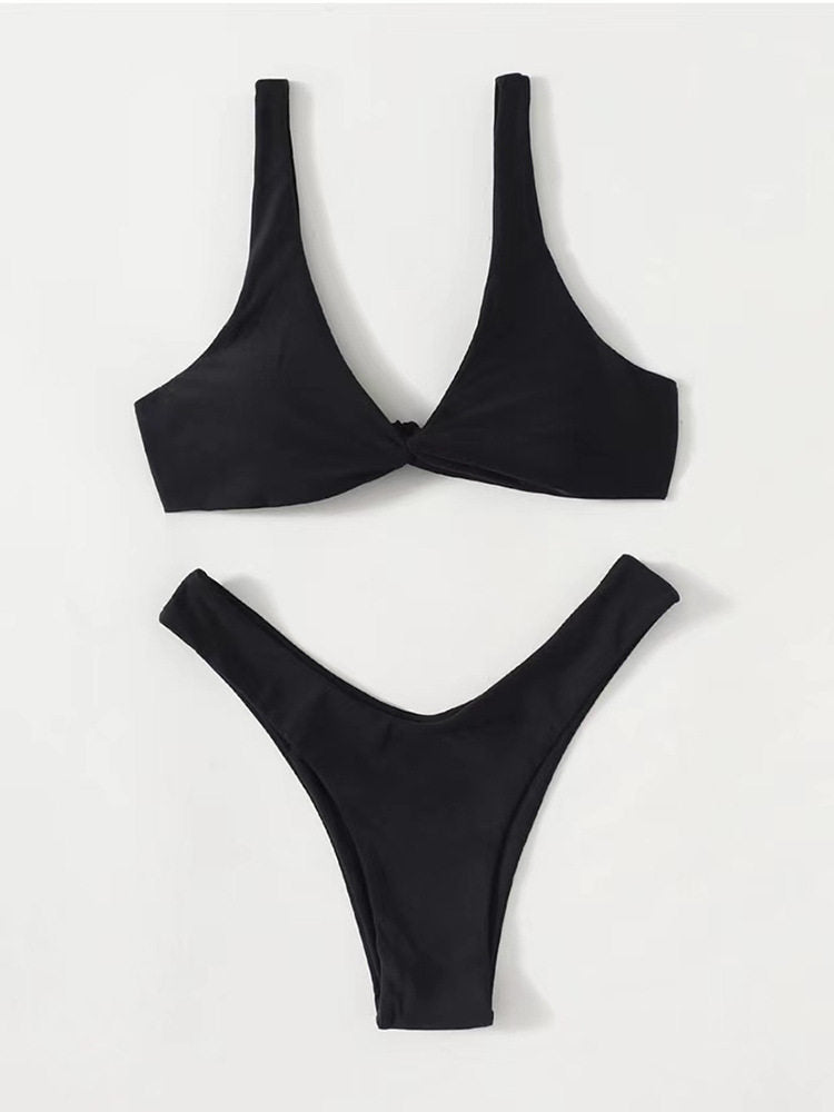 Solid Color Knotted Strap Bikini Swimsuit