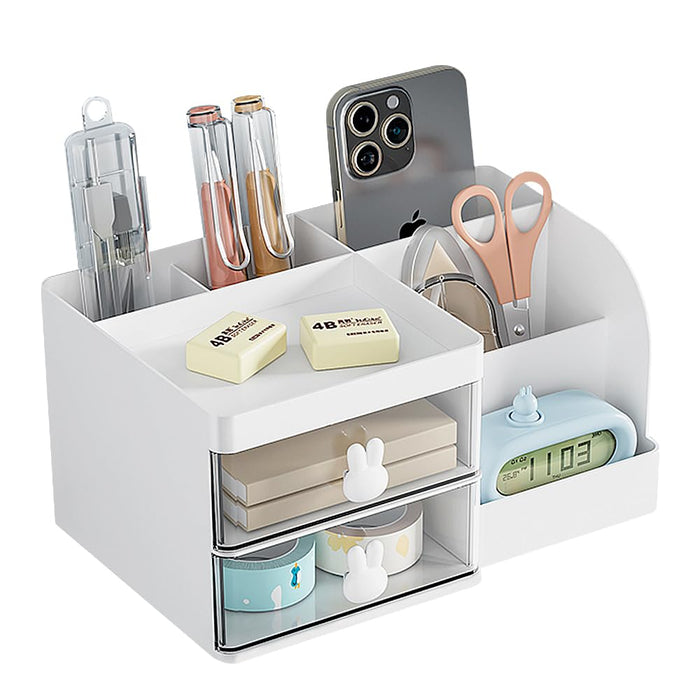 Makeup Storage Organizer with 2 Drawers Desk Vanity Countertop Skin Care Cosmetic Display Case Make up Stands for Hair Accessories Lipstick Lotions Beauty Skincare Organizing (White)