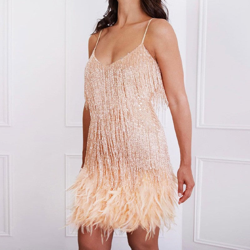 Sexy Tassel Sequins Feather Summer Mini Dress Women V Neck Spaghetti Strap Stitching Dresses Female Elegant Evening Party Club Dress