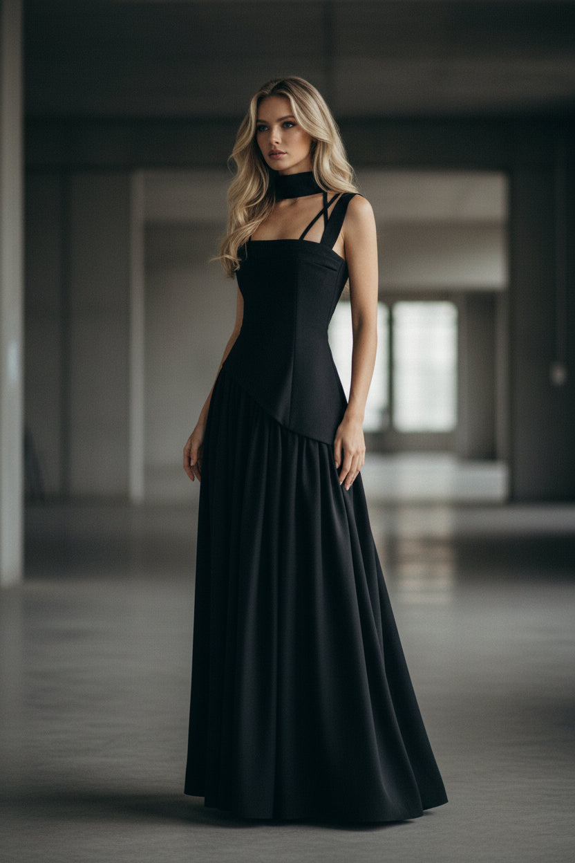 Fitted-waist pleated maxi dress
