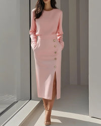 Women's Solid Long Sleeve Round Neck Waist-Cinched Button Slit Dress