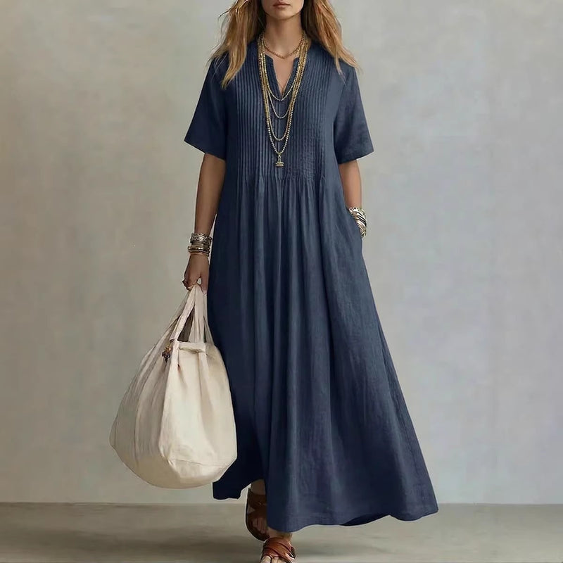 The Neck Pleated Cotton Linen Dress