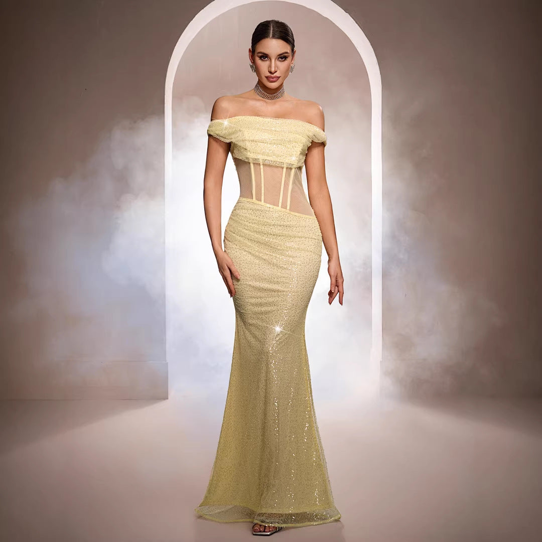 Sleeveless Off-the-shoulder Sequined Mermaid Evening Gown — Yellow
