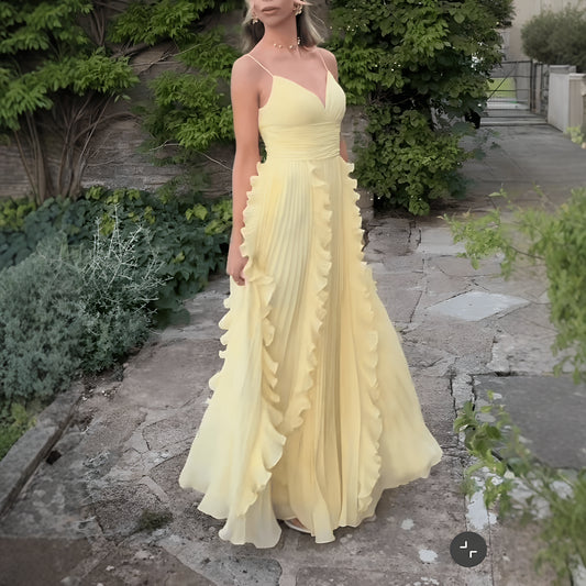Lemon Ruffle Pleated Maxi Dress