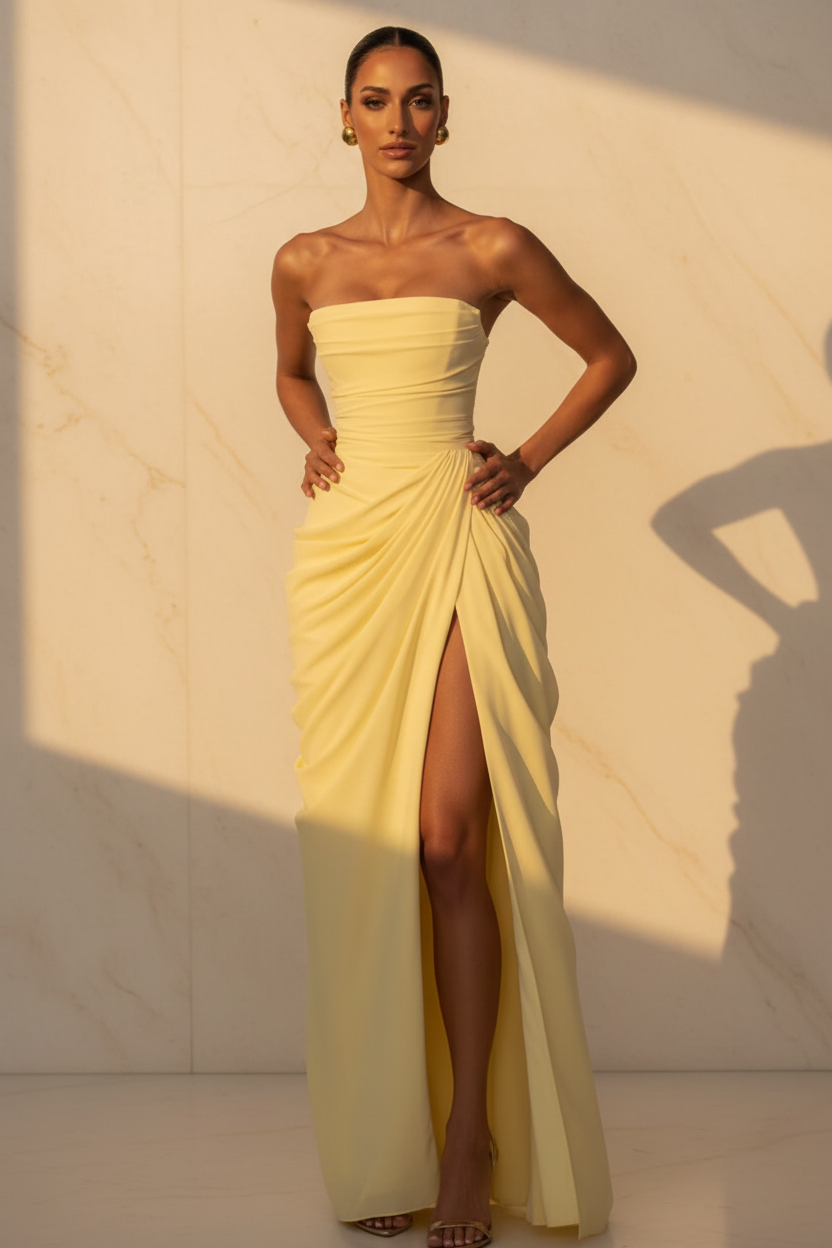 The Pleated Strapless Split Maxi Gown