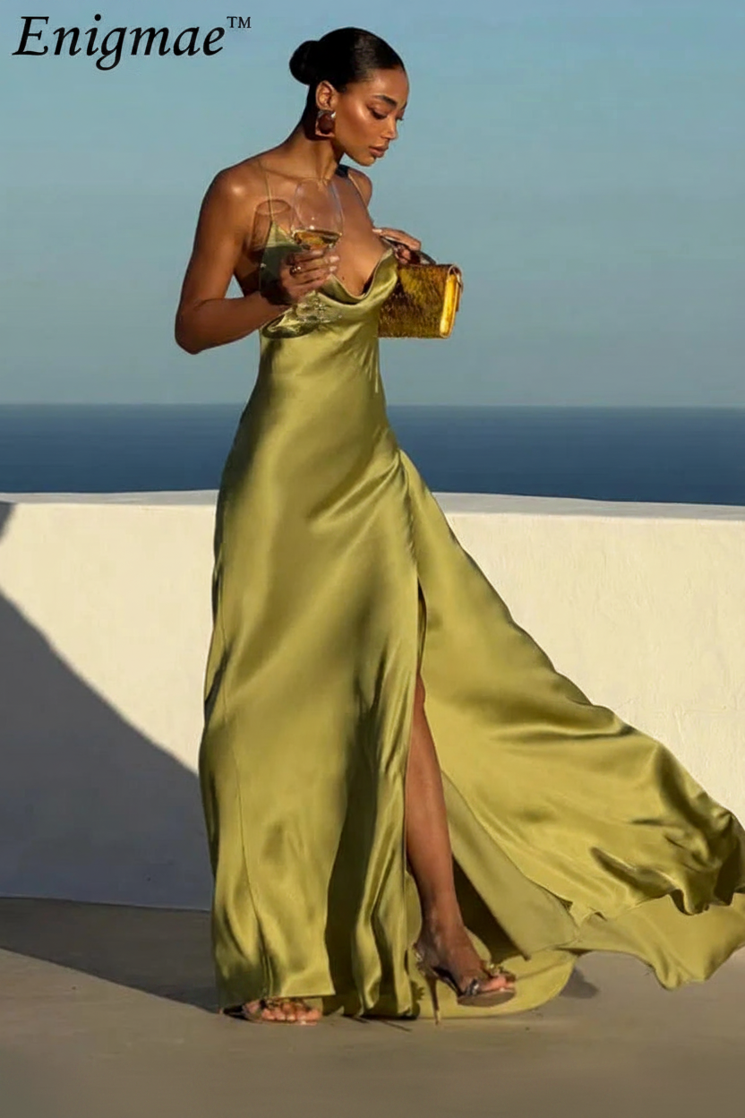 Enigmae™ – Olive Green Satin Dress Front