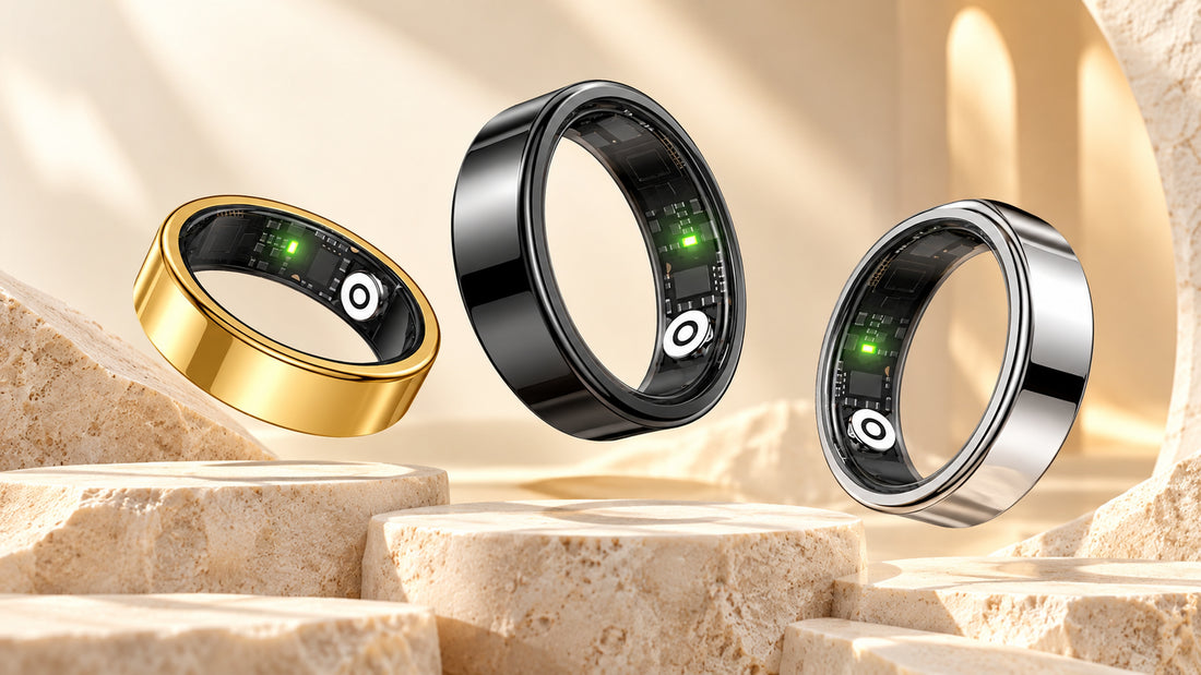Enigmae smart ring in three finishes — 4K 3D-style hero illustration