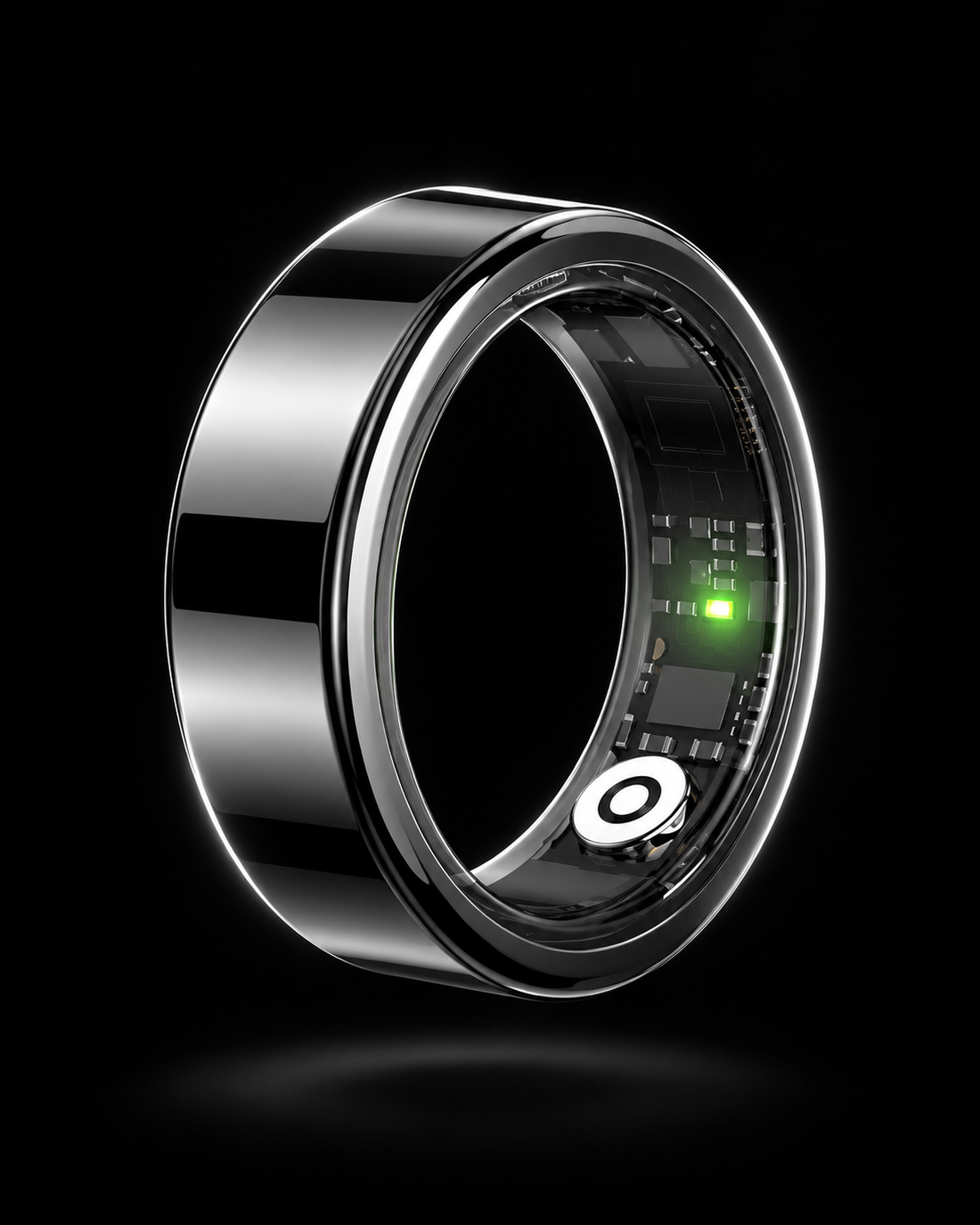 Black smart ring floating against a dark background — complete product view