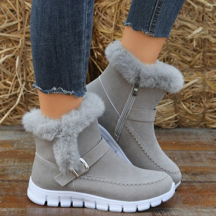 Plush-Cuff Buckle Ankle Snow Boots