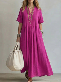 The Neck Pleated Cotton Linen Dress — women’s Dress, ENIGMAE