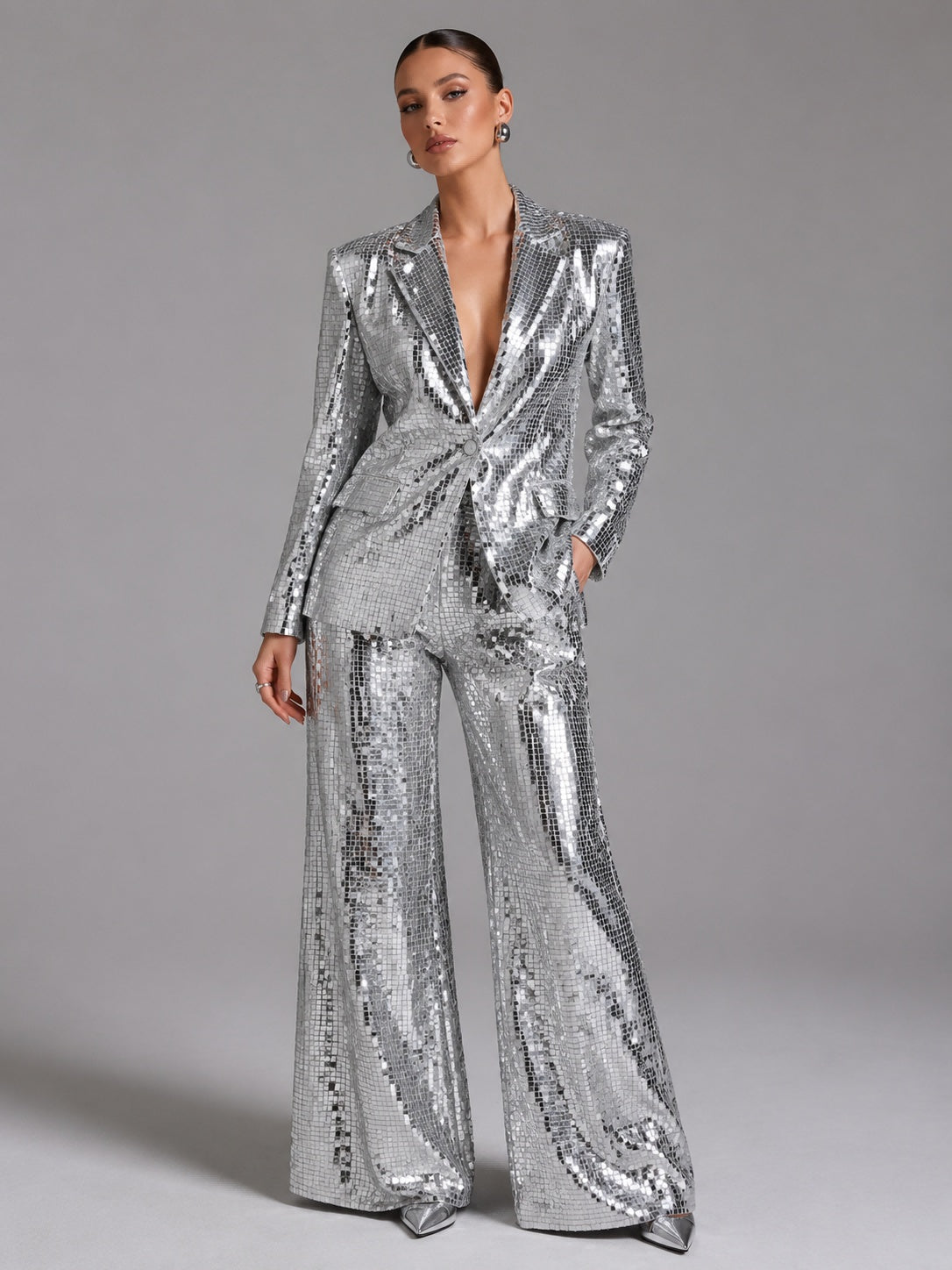 Silver Square Sequin Peak Lapel Blazer & High Waist Full Flare Trousers 2-Piece Party Suit — Silver