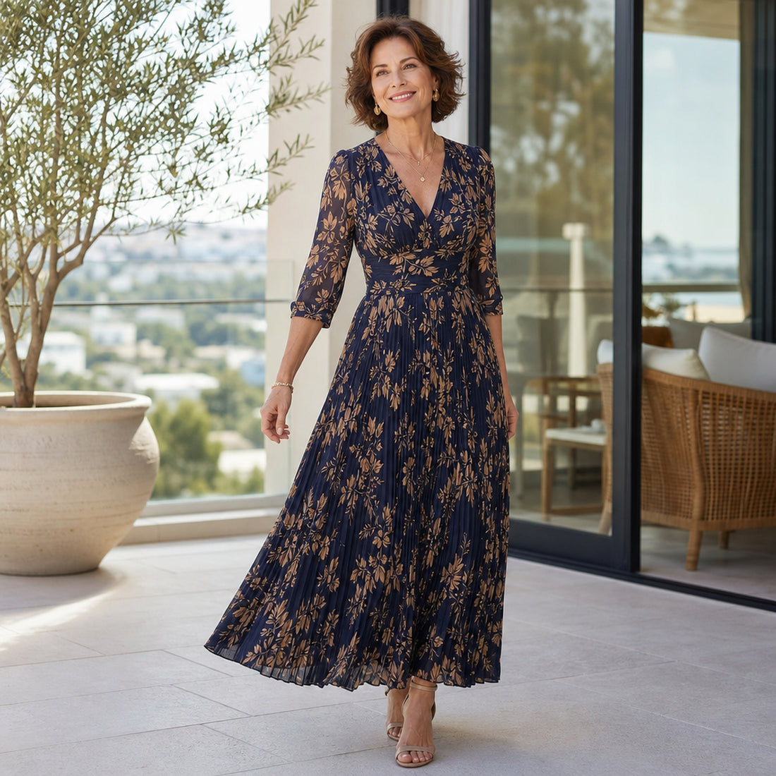 Lifestyle — pleated maxi dress, daytime