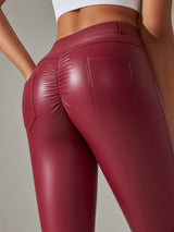 Scrunch-back burgundy PU leather leggings with patch pockets — ENIGMAE 4K