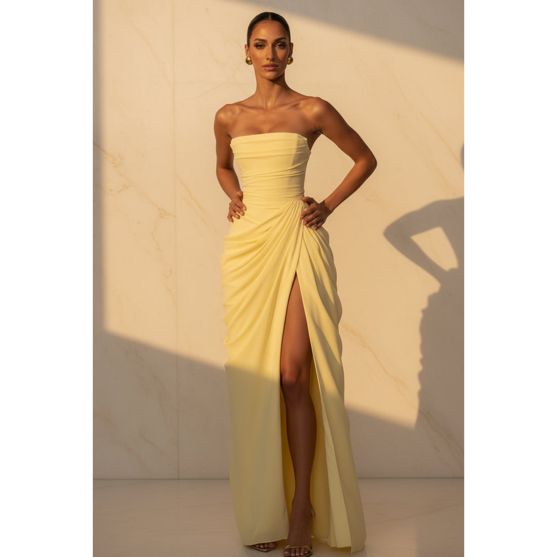 The Pleated Strapless Split Maxi Gown — 4K hero