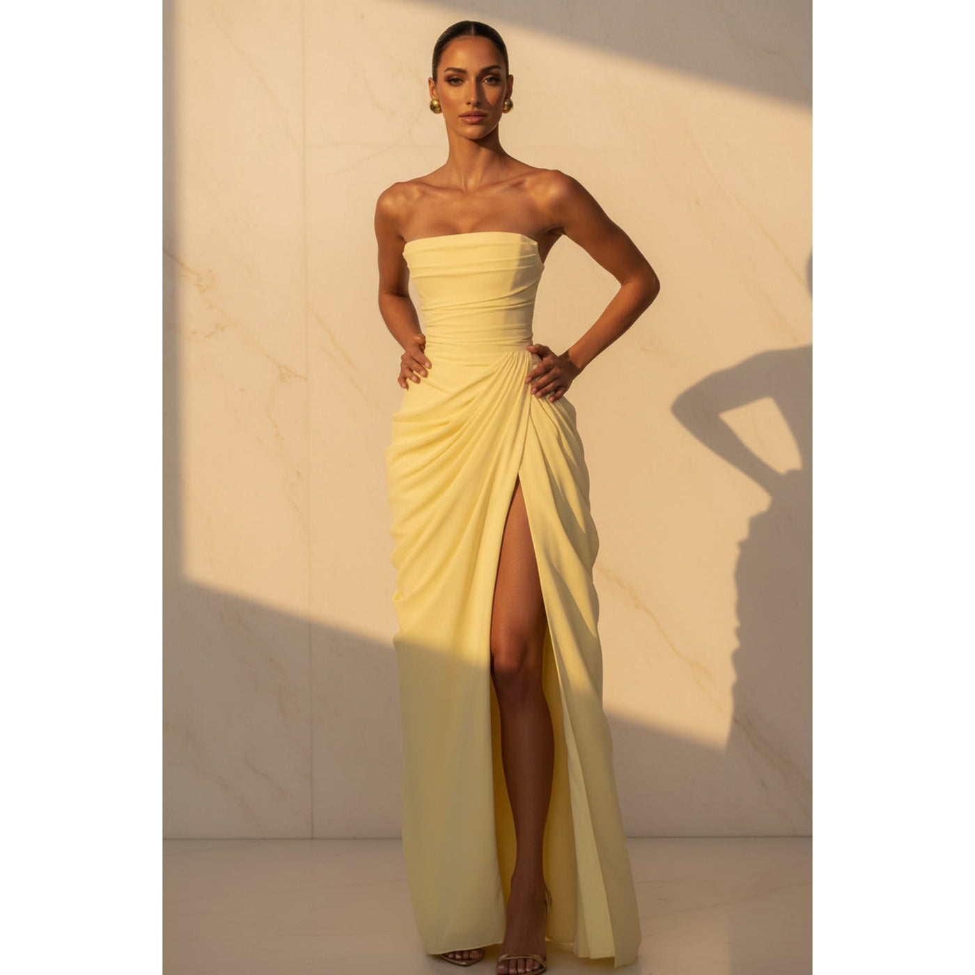 The Pleated Strapless Split Maxi Gown