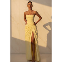 The Pleated Strapless Split Maxi Gown — 4K hero