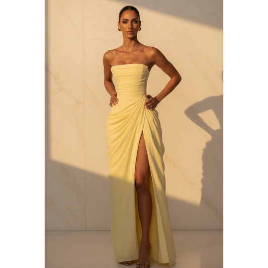 The Pleated Strapless Split Maxi Gown — 4K hero