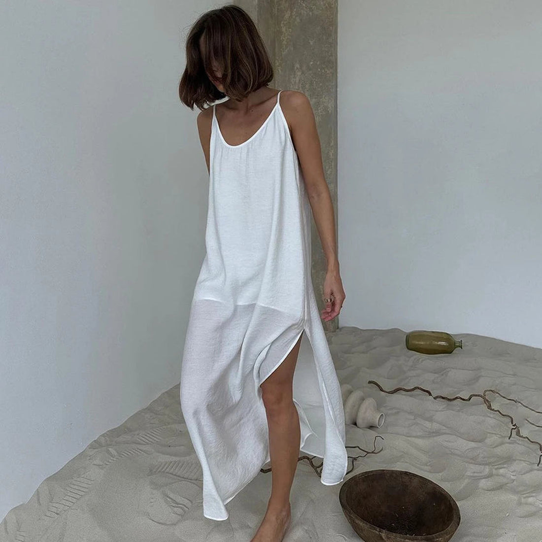 HiLoc Casual Loose White Long Dress Robe 2025 New Summer V Neck Dresses For Women Spring Sleeveless Straight Robes Nightgown — ENIGMAE 4K