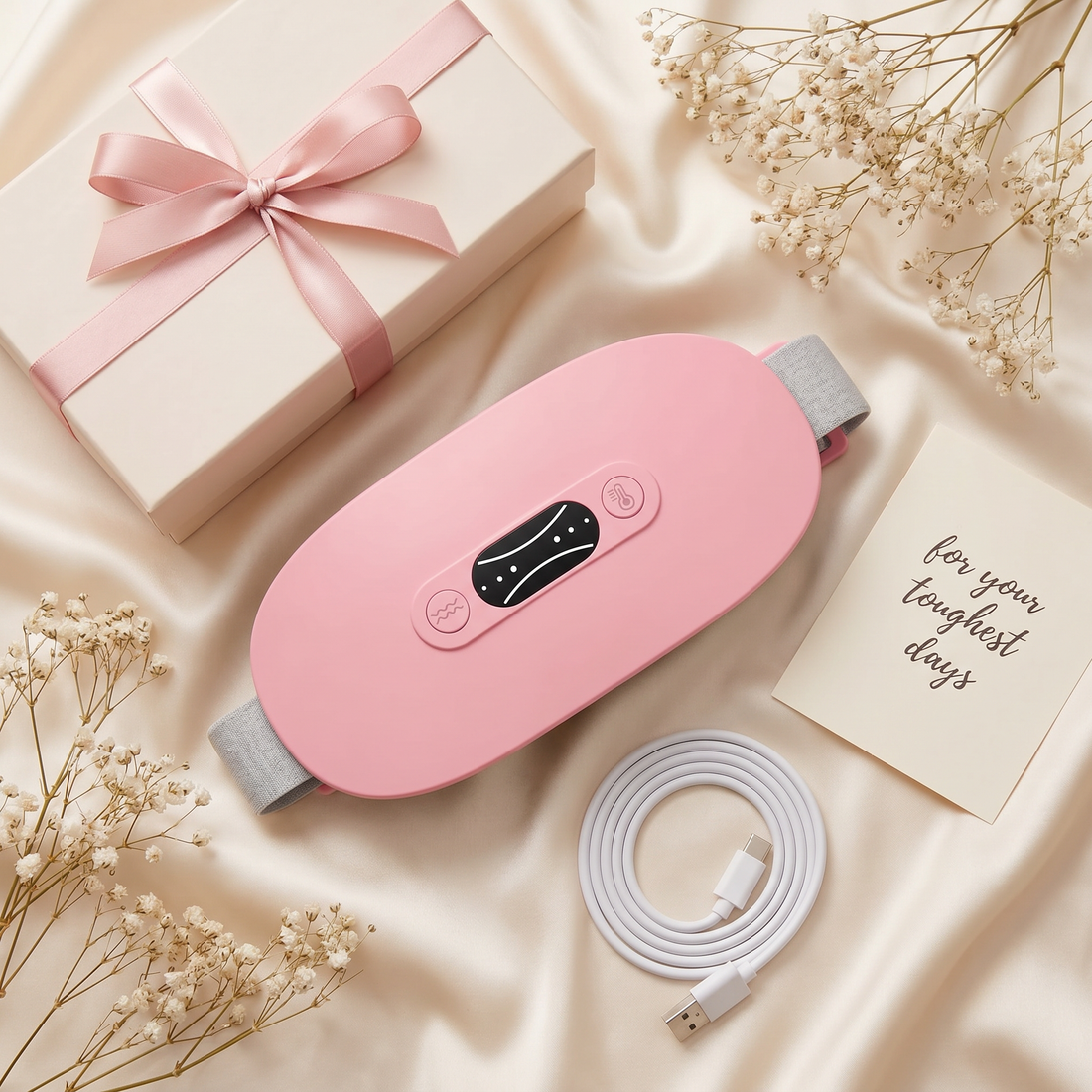 Enigmae Ease heat and massage belt gift set flat lay with USB-C cable