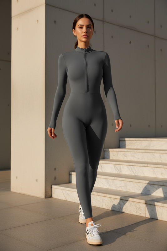 Women's Half-Zip Bodycon Jumpsuit styled outdoors — lifestyle shot | Enigmae