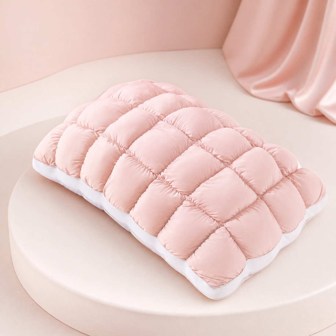 MarshmallowBreeze blush-pink puff pillow on a soft pink studio background