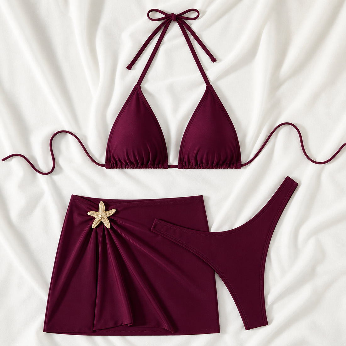 Starfish Gold Accent 3-Piece Bikini Set — Mulberry — studio flat lay 4K