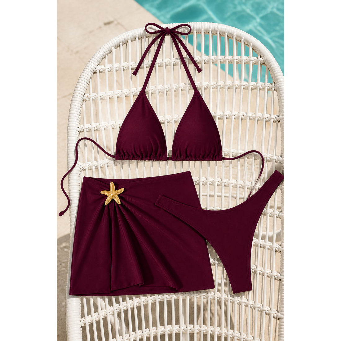 Starfish Gold Accent 3-Piece Bikini Set — Mulberry — resort drape 4K hero