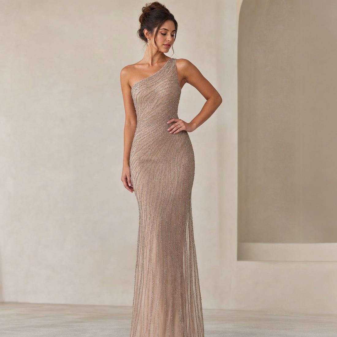 Lifestyle — one-shoulder beaded gown