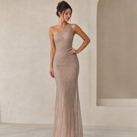Lifestyle — one-shoulder beaded gown