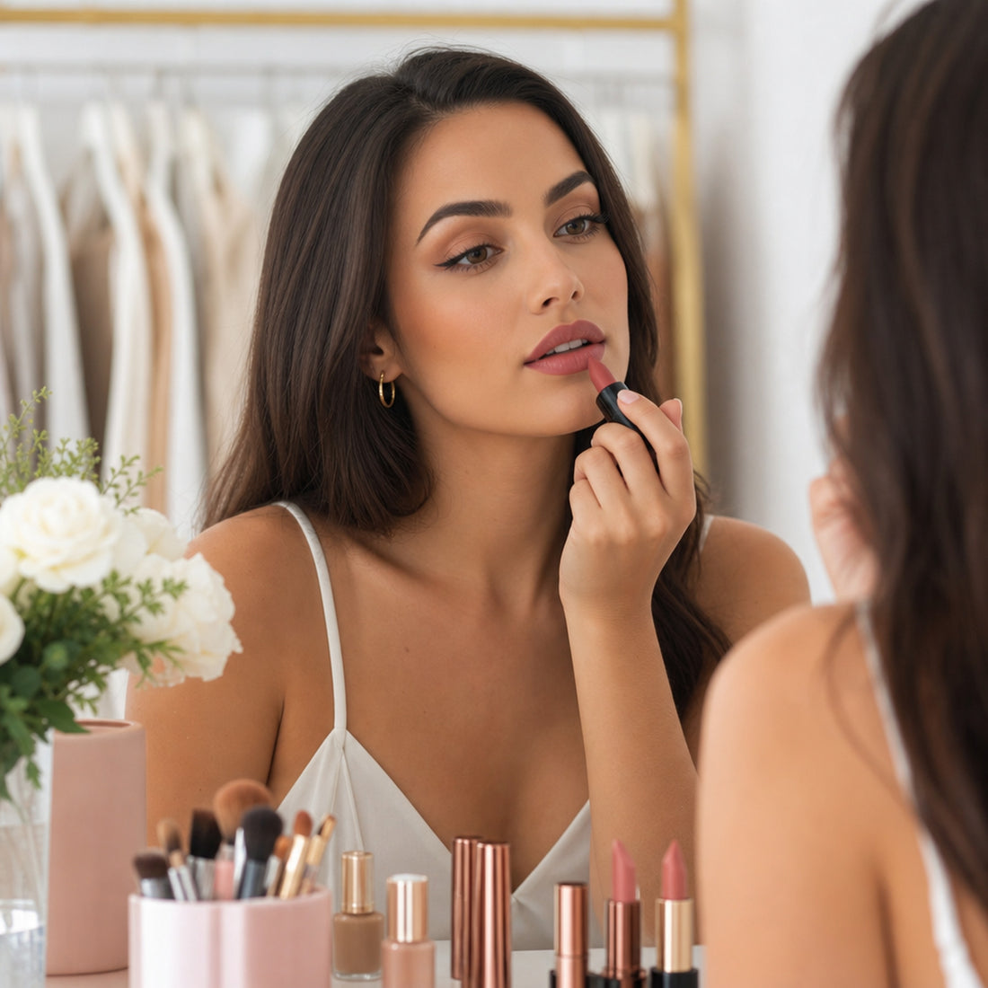Lifestyle — applying matte lipstick