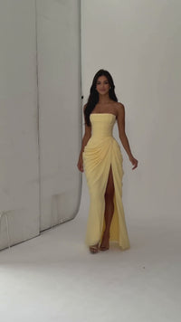 The Pleated Strapless Split Maxi Gown