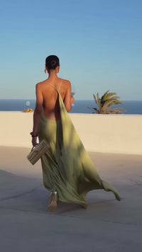 RibbonAura™ Satin Backless Pleated Maxi Dress