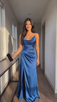 Satin Spaghetti Strap Maxi Dress – V-Neck Ruched High-Slit Gown