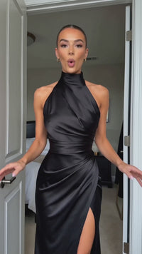 Retro Satin Halter Maxi Dress – High-Slit Waist-Cinching Gown