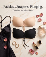 Nude and black lace-up wing bras flat lay with a backless satin dress
