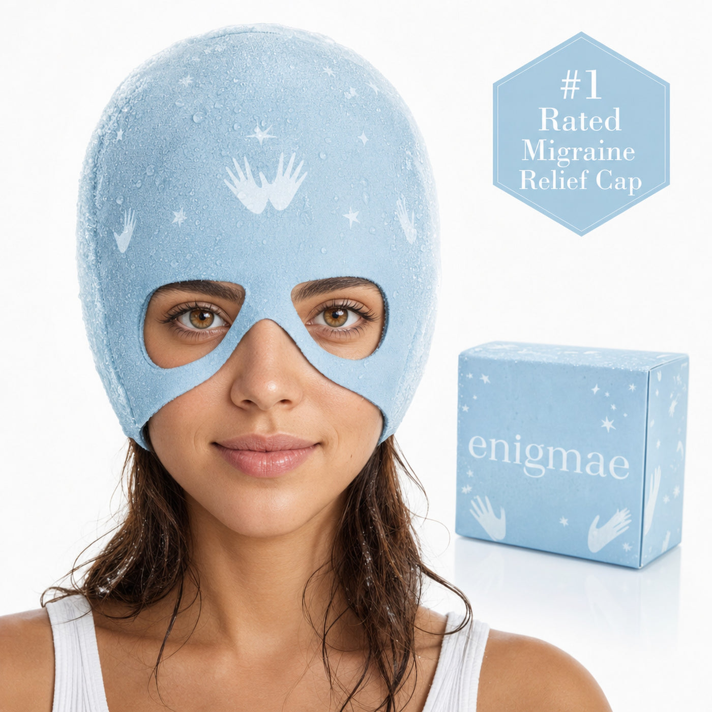 Migraine relief cap in ice blue with slide-up eye mask — frosted, with enigmae box