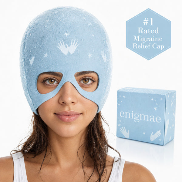 Migraine relief cap in ice blue with slide-up eye mask — frosted, with enigmae box