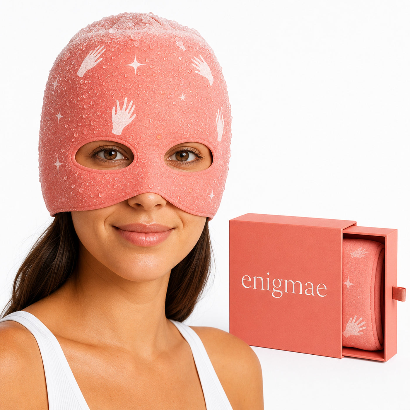 Migraine relief cap in coral pink with slide-up eye mask — frosted, with enigmae box