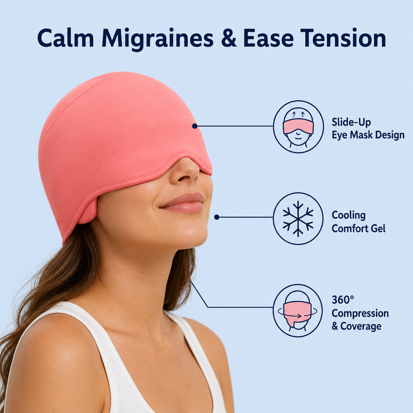 Calm migraines and ease tension — slide-up eye mask, cooling gel, 360 compression