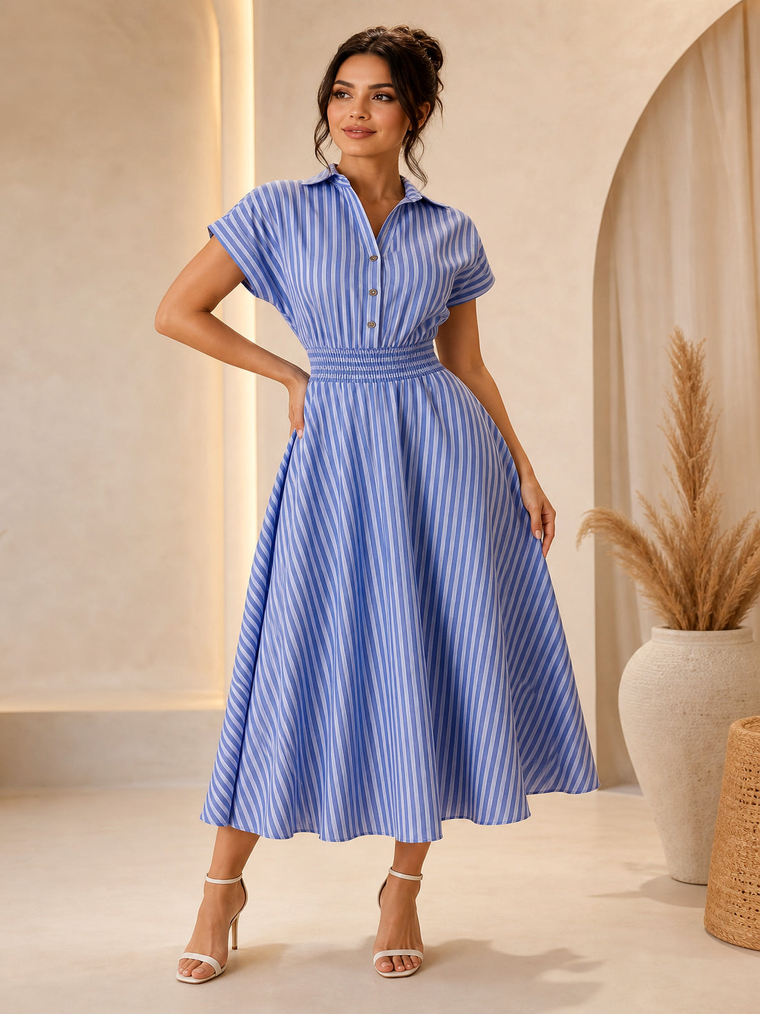 StripeEase™ Defined-Waist Shirt Dress — ENIGMAE hero