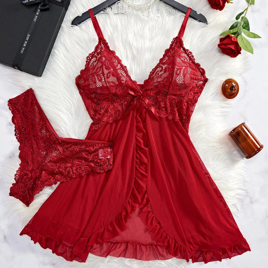 Summer Sexy Lingerie Dress Women Lace See Through Nightdress Sleepwear Solid Slim Soft V Neck Full Slip Sleepwear & Dresses — ENIGMAE 4K