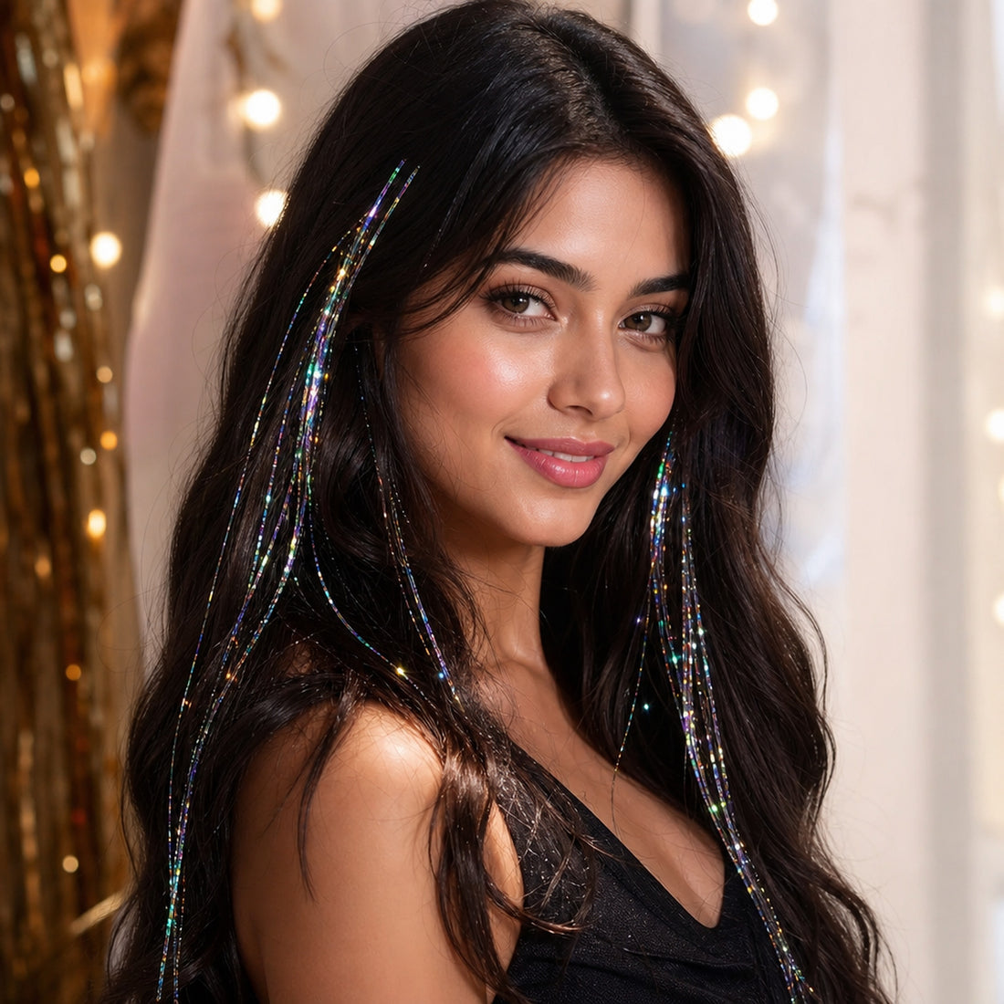 Silver fairy tinsel in dark wavy hair