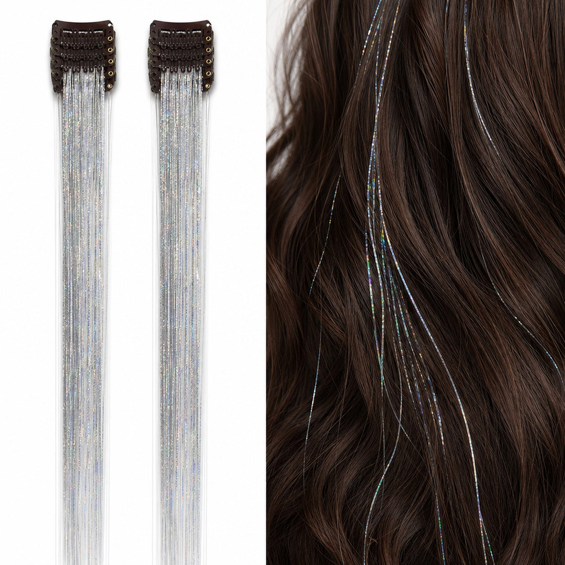 Silver clip-in tinsel product and result
