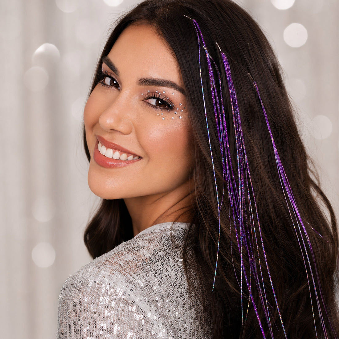 Purple glam fairy hair tinsel look