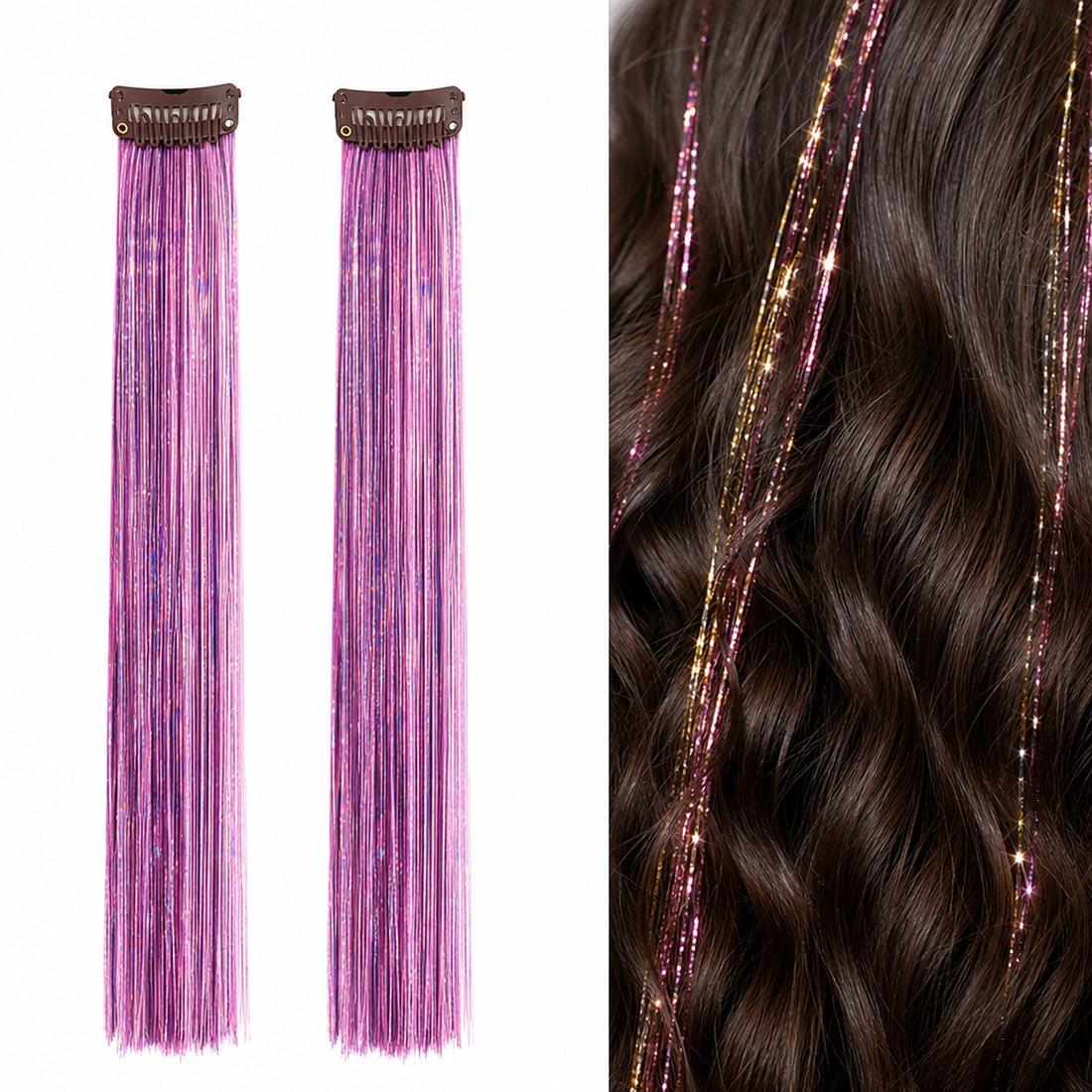 Pink fairy hair tinsel product and result