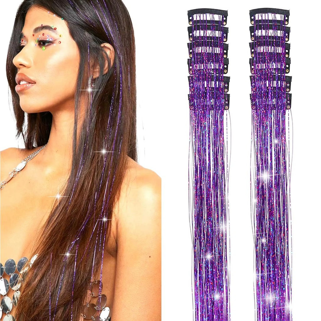 Purple tinsel glam portrait and product