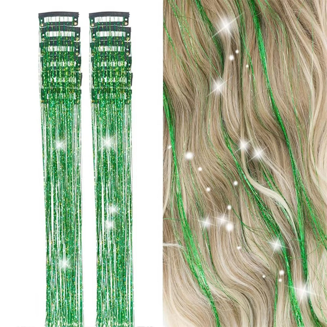 Green tinsel product and blonde hair result